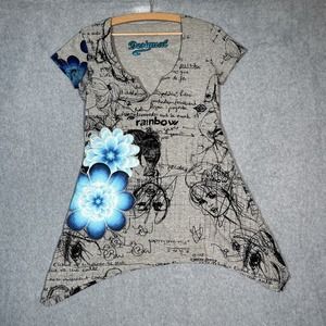 Designual Tunic Top Womens M Gray Teal Sketching A-Line Shirt Blouse V-Neck